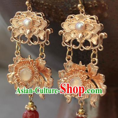 Chinese Handmade Agate Earrings Classical Jewelry Accessories Hanfu Ming Dynasty Princess Golden Lotus Eardrop