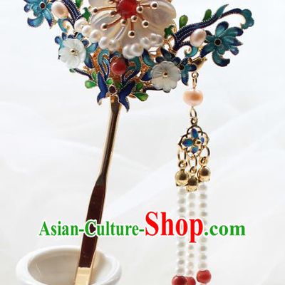 Chinese Classical Court Pearls Tassel Hair Stick Handmade Hanfu Hair Accessories Ancient Ming Dynasty Empress Blueing Hairpins