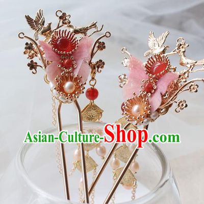 Chinese Classical Pink Silk Butterfly Hair Stick Handmade Hanfu Hair Accessories Ancient Ming Dynasty Princess Golden Hairpins