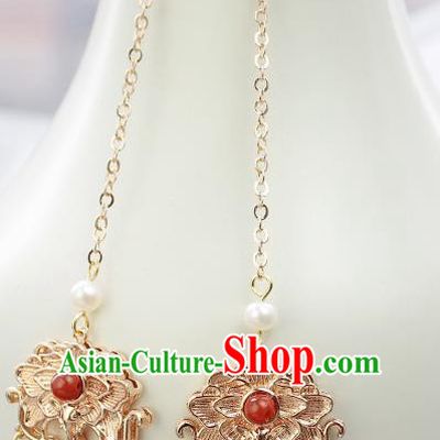 Chinese Handmade Pearls Tassel Earrings Classical Jewelry Accessories Hanfu Ming Dynasty Golden Eardrop
