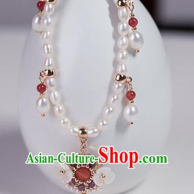 Chinese Handmade Pearls Necklet Classical Jewelry Accessories Ancient Ming Dynasty Princess Hanfu Shell Flowers Necklace for Women