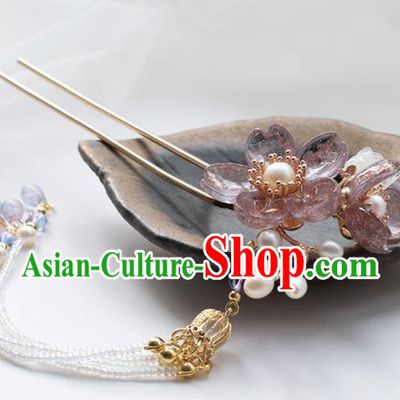 Chinese Classical Lilac Sakura Hair Stick Handmade Hanfu Hair Accessories Ancient Ming Dynasty Princess Beads Tassel Hairpins
