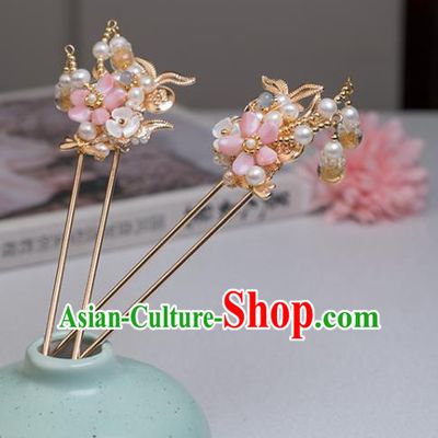 Chinese Classical Court Pink Plum Hair Stick Handmade Hanfu Hair Accessories Ancient Song Dynasty Princess Pearls Golden Hairpins