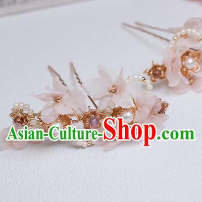 Chinese Classical Court Pearls Hair Stick Handmade Hanfu Hair Accessories Ancient Ming Dynasty Princess Pink Silk Flowers Hairpins