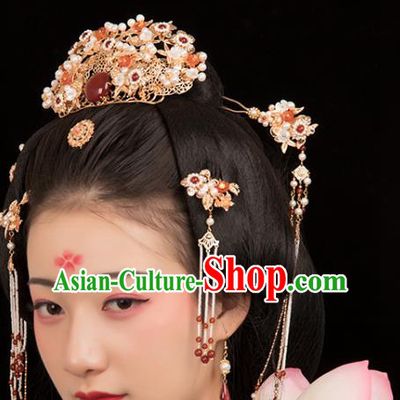 Chinese Classical Court Agate Pearls Hair Crown Handmade Hanfu Hair Accessories Ancient Ming Dynasty Empress Golden Hairpins