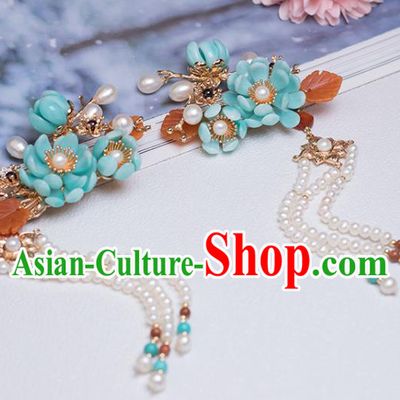 Chinese Classical Court Blue Flower Hair Sticks Handmade Hanfu Hair Accessories Ancient Ming Dynasty Empress Pearls Tassel Hairpins