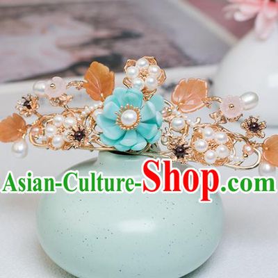Chinese Classical Court Blue Flower Hair Comb Handmade Hanfu Hair Accessories Ancient Ming Dynasty Empress Pearls Hairpins Hair Crown