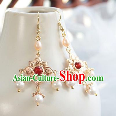 Chinese Handmade Golden Lotus Earrings Classical Jewelry Accessories Hanfu Ming Dynasty Princess Pearl Eardrop