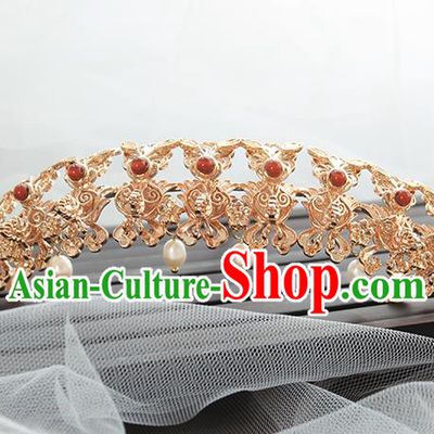 Chinese Classical Pearls Tassel Hair Crown Handmade Hanfu Hair Accessories Ancient Ming Dynasty Empress Golden Dragons Hairpins