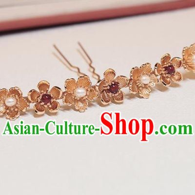 Chinese Classical Court Pearls Hair Stick Handmade Hanfu Hair Accessories Ancient Ming Dynasty Princess Golden Plum Blossom Hairpins
