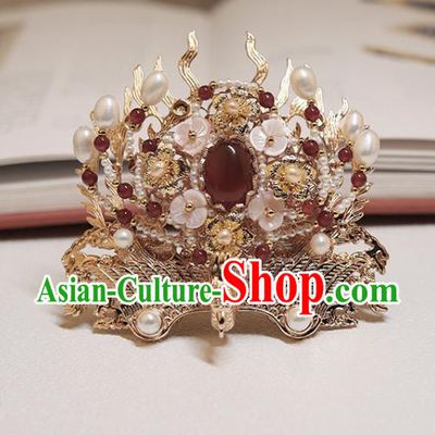 Chinese Classical Court Golden Phoenix Hair Crown Handmade Hanfu Hair Accessories Ancient Ming Dynasty Princess Agate Pearls Hairpins