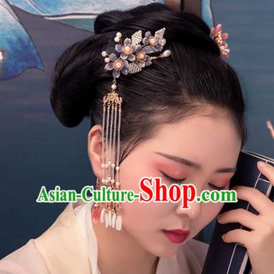 Chinese Classical Court Purple Sakura Hair Sticks Handmade Hanfu Hair Accessories Ancient Ming Dynasty Princess Pearls Hairpins