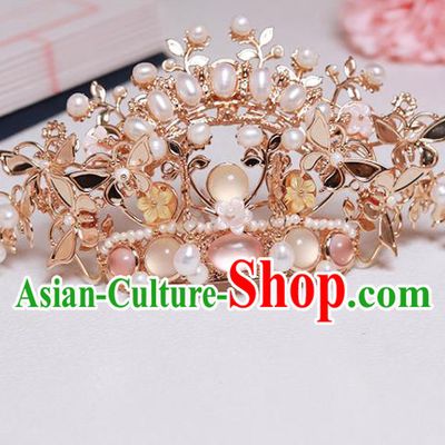 Chinese Classical Court Golden Butterfly Hair Crown Handmade Hanfu Hair Accessories Ancient Ming Dynasty Empress Pearls Chalcedony Hairpins