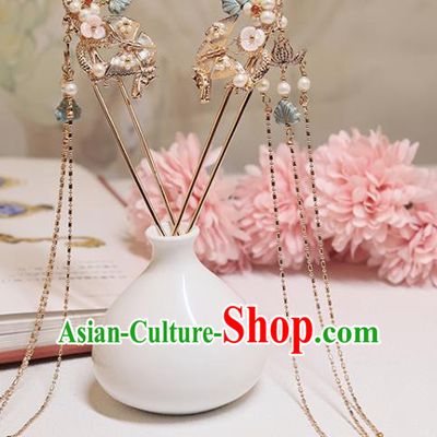 Chinese Classical Court Golden Lotus Hair Stick Handmade Hanfu Hair Accessories Ancient Ming Dynasty Princess Blue Leaf Pearls Hairpins