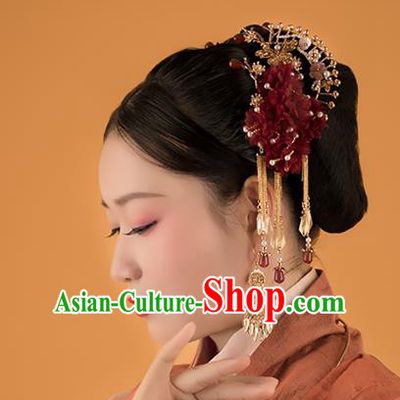 Chinese Classical Court Queen Red Silk Flowers Hair Clasp Handmade Hanfu Hair Accessories Ancient Ming Dynasty Empress Tassel Hair Crown Hairpins