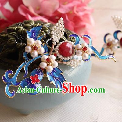 Chinese Classical Court Queen Pearls Hair Stick Handmade Hanfu Hair Accessories Ancient Ming Dynasty Empress Blueing Hairpins