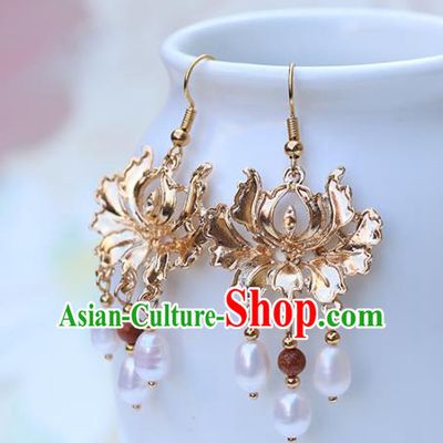 Chinese Handmade Pearls Tassel Earrings Classical Ear Accessories Hanfu Ming Dynasty Princess Golden Lotus Eardrop