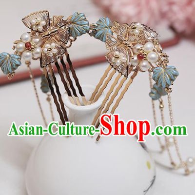 Chinese Classical Court Golden Hair Combs Handmade Hanfu Hair Accessories Ancient Ming Dynasty Princess Blue Leaf Pearls Hairpins
