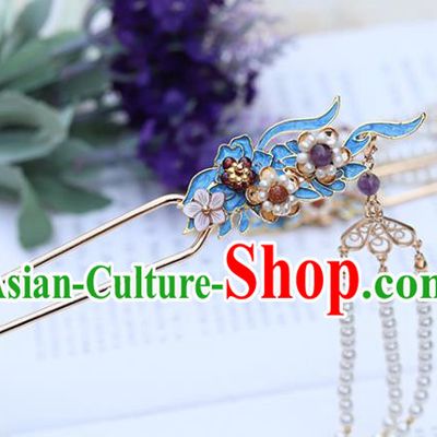 Chinese Classical Palace Blueing Agate Hair Stick Handmade Hanfu Hair Accessories Ancient Ming Dynasty Princess Pearls Tassel Hairpins