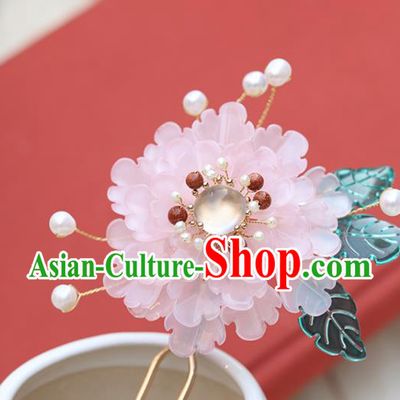 Chinese Classical Palace Pink Peony Hair Stick Handmade Hanfu Hair Accessories Ancient Ming Dynasty Princess Chalcedony Hairpins