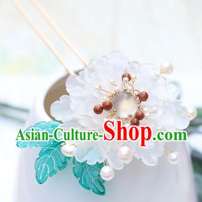 Chinese Classical Palace White Peony Hair Stick Handmade Hanfu Hair Accessories Ancient Ming Dynasty Princess Chalcedony Hairpins
