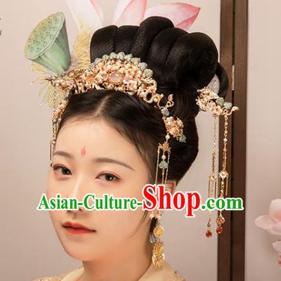 Chinese Classical Court Blue Leaf Hair Crown Handmade Hanfu Hair Accessories Ancient Ming Dynasty Princess Golden Dragon Pearls Hairpins