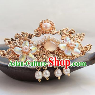 Chinese Classical Golden Hair Crown Handmade Hanfu Hair Accessories Ancient Ming Dynasty Empress Pearls Cloud Hairpins
