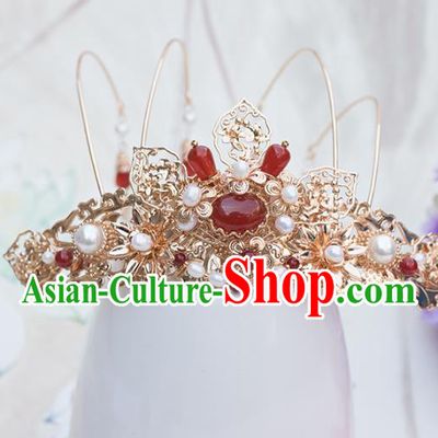 Chinese Classical Palace Golden Tassel Hair Crown Handmade Hanfu Hair Accessories Ancient Ming Dynasty Empress Agate Pearls Hairpins