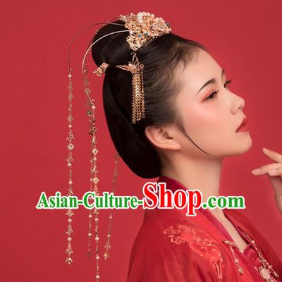 Chinese Classical Palace Pearls Golden Tassel Hair Crown Handmade Hanfu Hair Accessories Ancient Ming Dynasty Empress Pink Chalcedony Hairpins