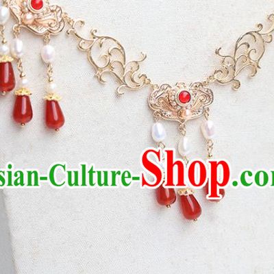 Chinese Handmade Red Agate Tassel Necklet Classical Jewelry Accessories Ancient Ming Dynasty Princess Hanfu Golden Necklace for Women