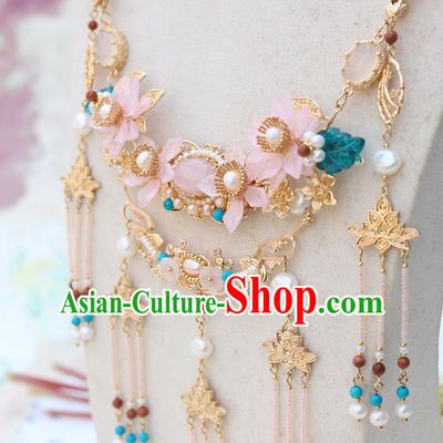Chinese Handmade Golden Lotus Tassel Necklet Classical Jewelry Accessories Ancient Ming Dynasty Princess Hanfu Pink Flowers Necklace for Women