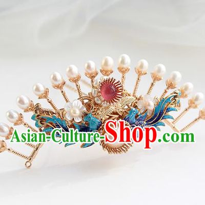Chinese Classical Blueing Phoenix Hair Crown Handmade Hanfu Hair Accessories Ancient Ming Dynasty Empress Pearls Golden Hairpins