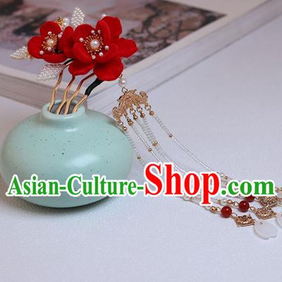 Chinese Classical Court Red Camellia Hair Comb Handmade Hanfu Hair Accessories Ancient Ming Dynasty Princess Beads Tassel Hairpins