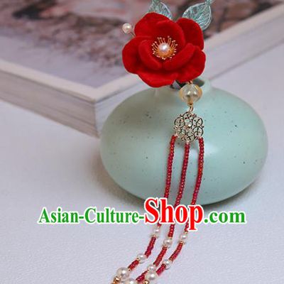 Chinese Classical Court Camellia Hair Stick Handmade Hanfu Hair Accessories Ancient Ming Dynasty Princess Red Beads Tassel Hairpins