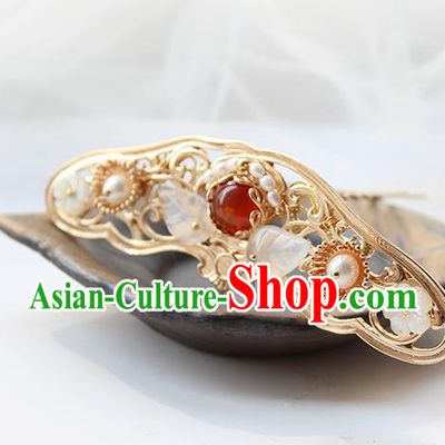 Chinese Classical Golden Hair Crown Handmade Hanfu Hair Accessories Ancient Ming Dynasty Empress Garnet Hairpins