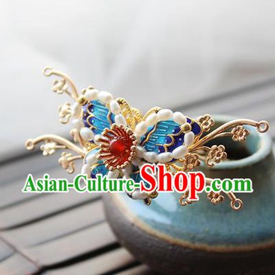 Chinese Classical Pearls Golden Hair Crown Handmade Hanfu Hair Accessories Ancient Ming Dynasty Empress Blueing Butterfly Hairpins