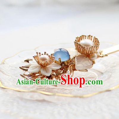Chinese Classical Blue Chalcedony Hair Stick Handmade Hanfu Hair Accessories Ancient Ming Dynasty Empress Pearls Golden Hairpins