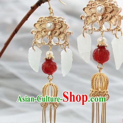 Chinese Handmade Golden Tassel Earrings Classical Jewelry Accessories Hanfu Ming Dynasty Agate Eardrop