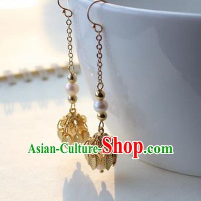 Chinese Handmade Golden Leaf Tassel Earrings Classical Jewelry Accessories Hanfu Ming Dynasty Princess Pearls Eardrop