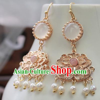Chinese Handmade Golden Peony Earrings Classical Jewelry Accessories Hanfu Ming Dynasty Princess Pearls Tassel Eardrop