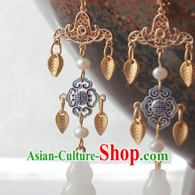 Chinese Handmade Jade Calabash Earrings Classical Jewelry Accessories Hanfu Ming Dynasty Princess Golden Leaf Tassel Eardrop