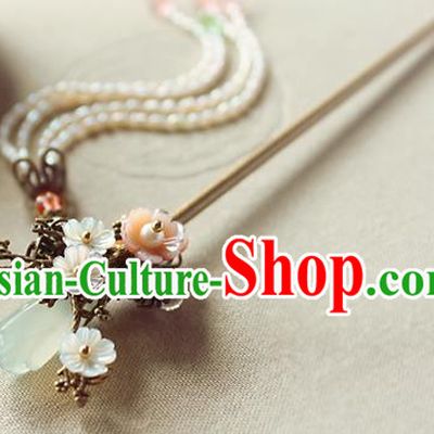 Chinese Classical Pearls Tassel Step Shake Hair Stick Handmade Hanfu Hair Accessories Ancient Ming Dynasty Queen Jade Mangnolia Hairpins