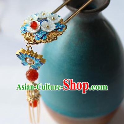 Chinese Classical Blueing Lotus Hair Stick Handmade Hanfu Hair Accessories Ancient Ming Dynasty Empress Golden Tassel Agate Hairpins