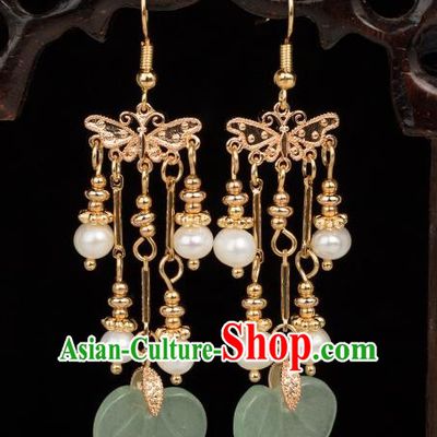 Chinese Handmade Green Jade Leaf Earrings Classical Jewelry Accessories Hanfu Ming Dynasty Princess Golden Tassel Eardrop