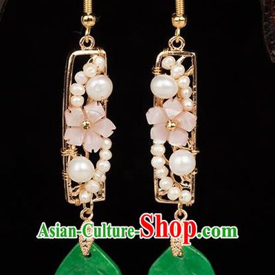 Chinese Handmade Green Jade Leaf Earrings Classical Jewelry Accessories Hanfu Ming Dynasty Princess Pearls Eardrop