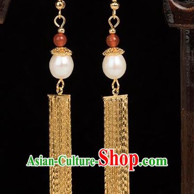 Chinese Handmade Earrings Classical Jewelry Accessories Hanfu Ming Dynasty Princess Golden Long Tassel Eardrop