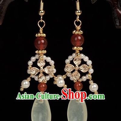 Chinese Handmade Jade Earrings Classical Jewelry Accessories Hanfu Ming Dynasty Princess Red Agate Beads Eardrop