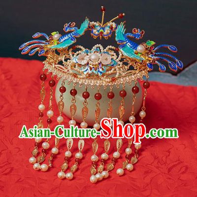 Chinese Classical Blueing Phoenix Tassel Step Shake Hair Crown Handmade Hanfu Hair Accessories Ancient Ming Dynasty Golden Leaf Hairpins