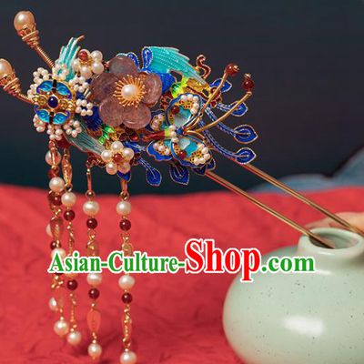 Chinese Classical Blueing Phoenix Hair Stick Tassel Step Shake Handmade Hanfu Hair Accessories Ancient Ming Dynasty Palace Plum Hairpins