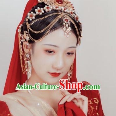 Chinese Classical Hair Crown Handmade Hanfu Hair Accessories Ancient Tang Dynasty Palace Princess Pearls Hairpins Full Set